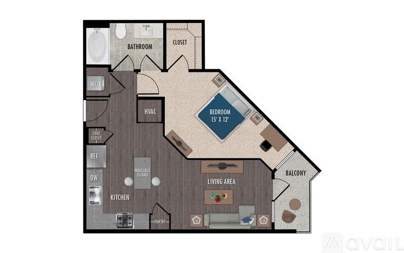 A floor plan of a house with a living area, kitchen, two bedrooms, a bathroom, and a balcony.