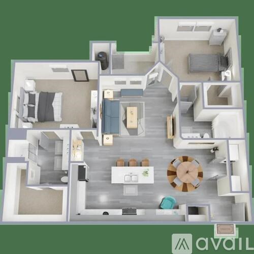 A 3D floor plan of a house with a living room, kitchen, and two bedrooms.
