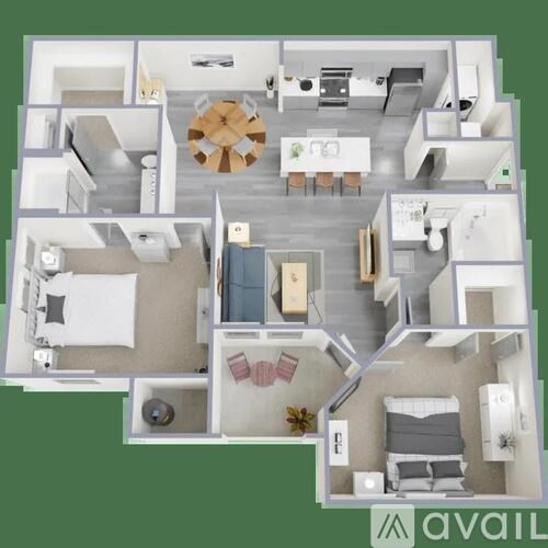 A floor plan of a house with a kitchen, living room, dining room, and bedrooms.