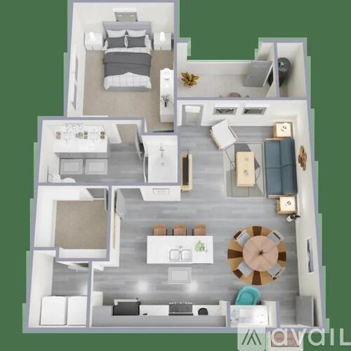 A detailed 3D floor plan of a modern apartment layout.