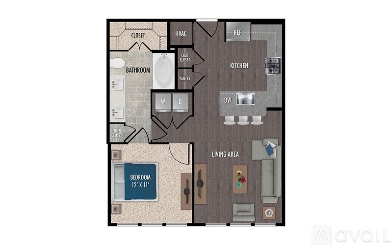 A floor plan of an apartment with a bedroom, living area, kitchen, bathroom, and closet.
