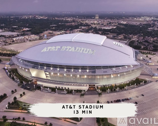An aerial view of the AT&T Stadium with the stadium's name displayed on the facade.