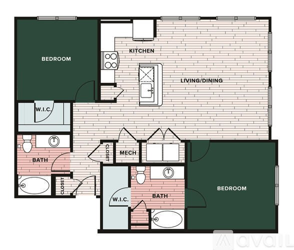 A floor plan of a house with two bedrooms, a kitchen, a living/dining area, a bathroom, a mech, and a W.I.C.
