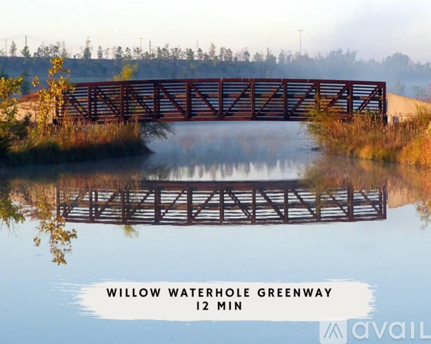 A bridge over a body of water with the text "Willow Waterhole Greenway 12 min" on it.