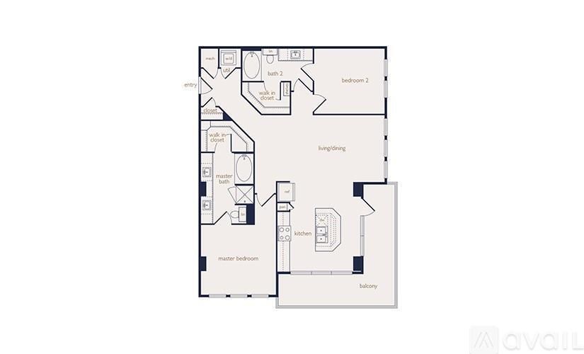 A floor plan of an apartment with two bedrooms, a living room, a kitchen, and a bathroom.