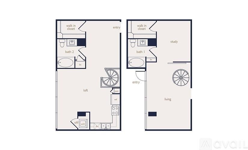A floor plan of an apartment with two bathrooms, a study, and a living room.