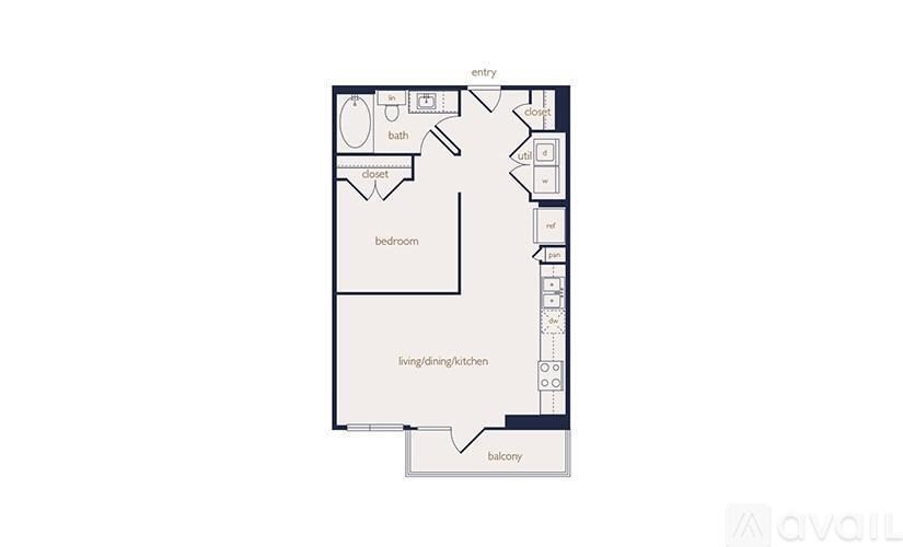 A floor plan of an apartment with a living/dining/kitchen area and a bedroom.