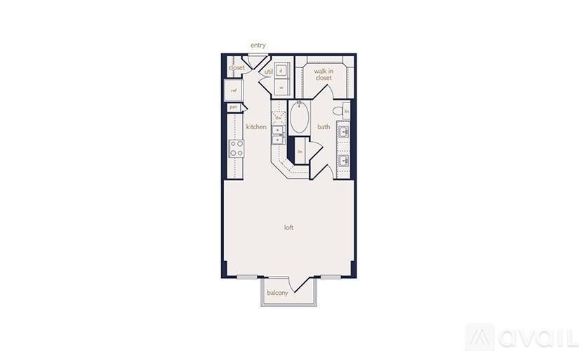 A floor plan of an apartment with a kitchen, bathroom, and living room.