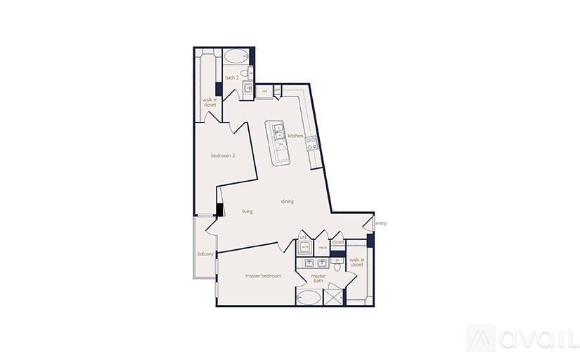 A floor plan of a house with a kitchen, living room, dining room, and two bedrooms.