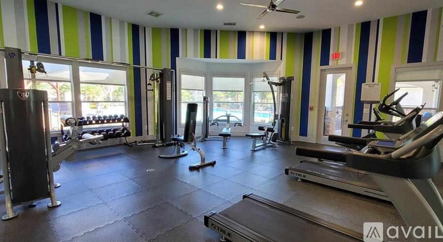 A gym with a variety of equipment including treadmills, weights, and a bench press.