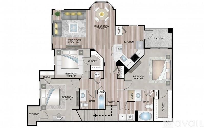 A floor plan of a house with a living room, two bedrooms, a bathroom, a kitchen, a balcony, and storage.