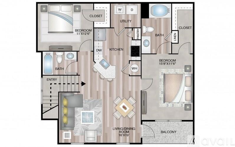 A floor plan of an apartment with two bedrooms, a living room, a kitchen, a bathroom, and a balcony.