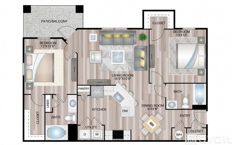 A floor plan of a house with a bedroom, living room, kitchen, and bathroom.