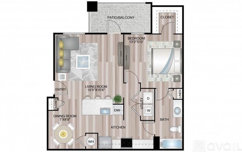 A floor plan of a house with a bedroom, living room, dining room, kitchen, and bathroom.