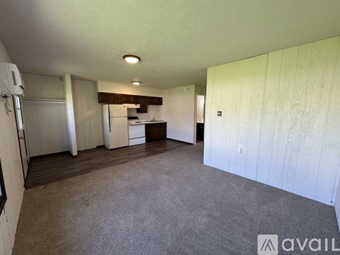A spacious living area with a kitchen in the background.
