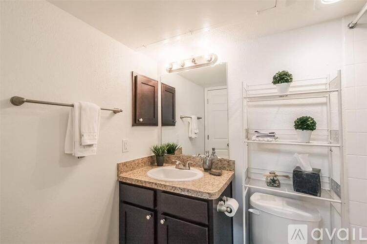 A bathroom with a sink, mirror, and towel rack.