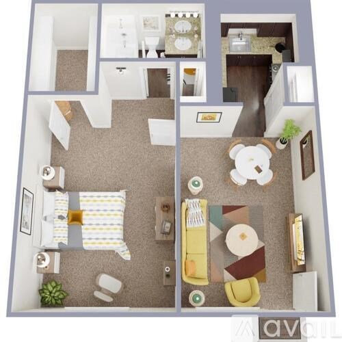 A dollhouse with a bedroom, living room, and kitchen.