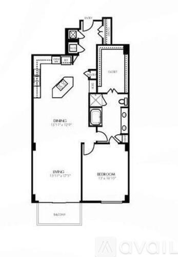 A floor plan of an apartment with a bedroom, living room, and kitchen.