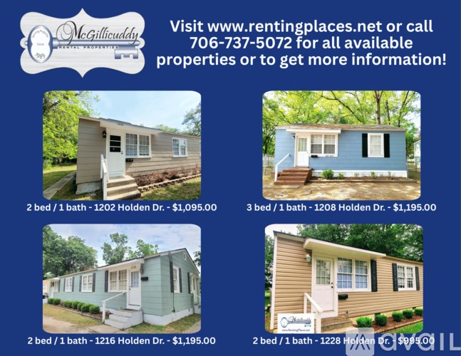 An advertisement for a rental company called McGillicuddy with four different mobile homes listed for rent.