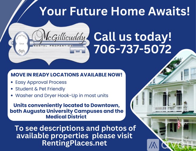 An advertisement for McGillicuddy Rental Properties showcasing their available units and contact information.