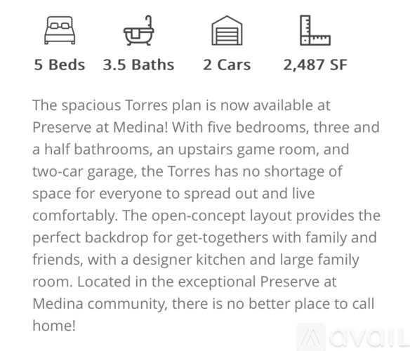 A webpage advertisement for a spacious Torres plan at Preserve at Medina, featuring icons for beds, baths, cars, and square footage.