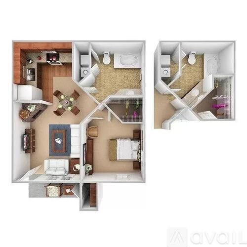 A floor plan of a two-bedroom apartment with a living room, kitchen, and bathroom.