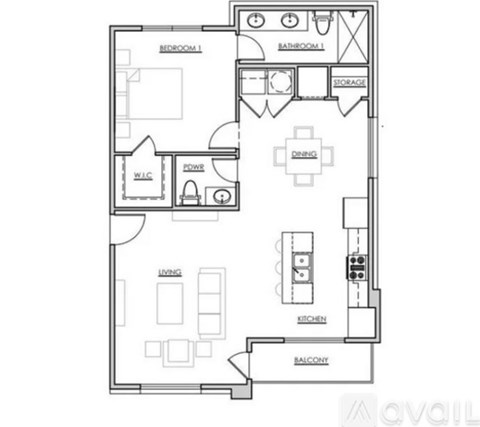 A floor plan of an apartment with labeled rooms such as Bedroom 1, Bathroom 1, Kitchen, Living room, and Balcony.