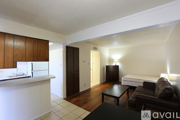 A living room with a couch, a coffee table, and a kitchen area with a counter and cabinets.