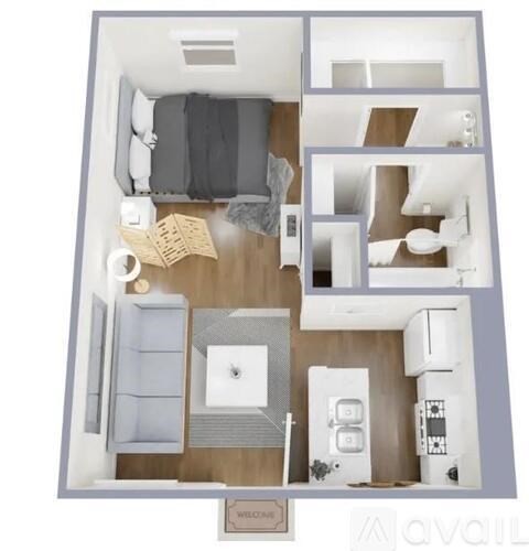 A top-down view of a small apartment with a bedroom, living room, and kitchen area.