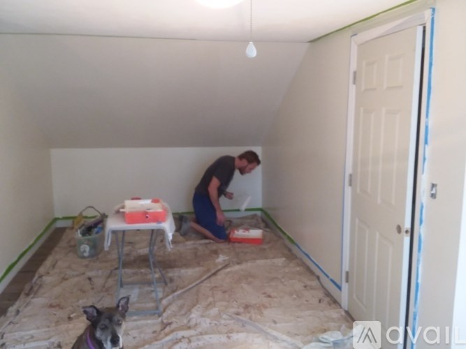 A man and a dog are in a room with drywall on the walls.