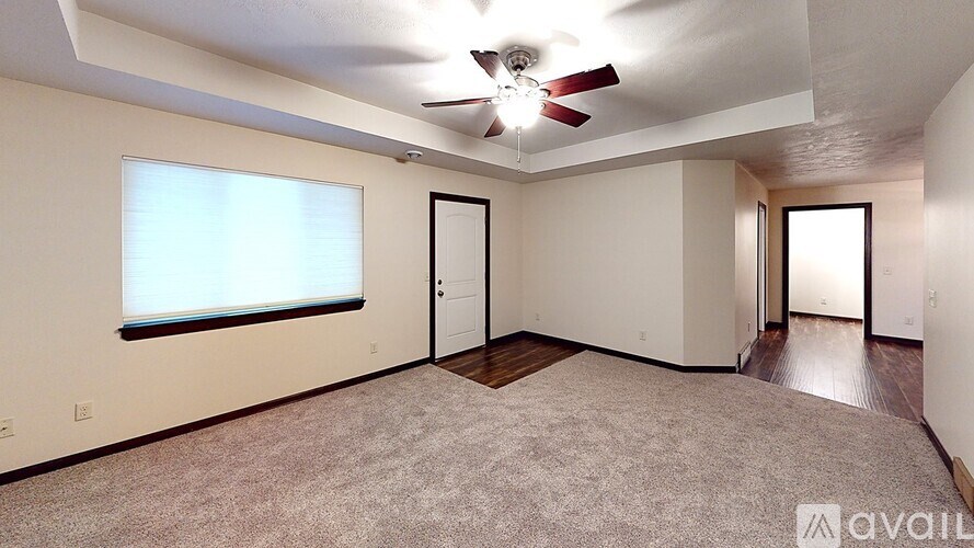 A room with a carpeted floor and a ceiling fan.