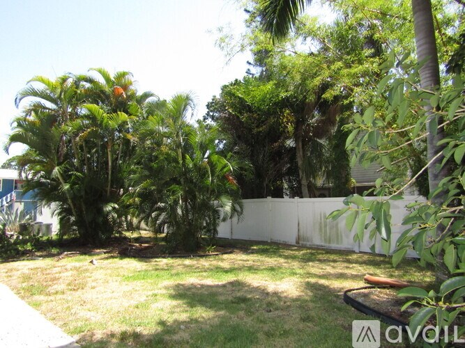 A backyard with a white fence and green plants.