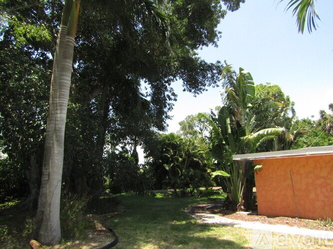 A small orange building sits in a lush green backyard.