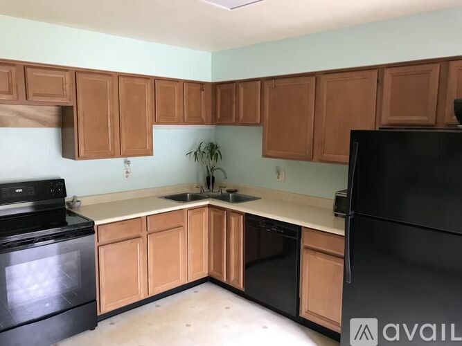 A kitchen with black appliances and wooden cabinets.