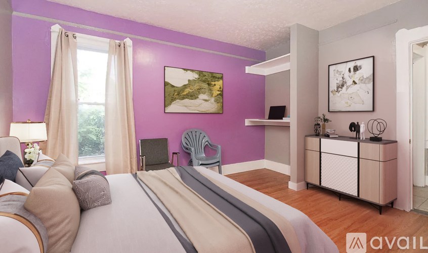 A bedroom with a bed, a chair, a cabinet, and a painting on the wall.