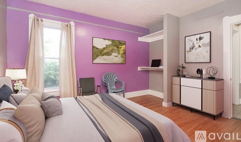 A bedroom with a bed, a chair, a cabinet, and a painting on the wall.