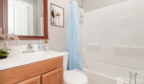 A bathroom with a white sink, a toilet, a bathtub, and a blue shower curtain.
