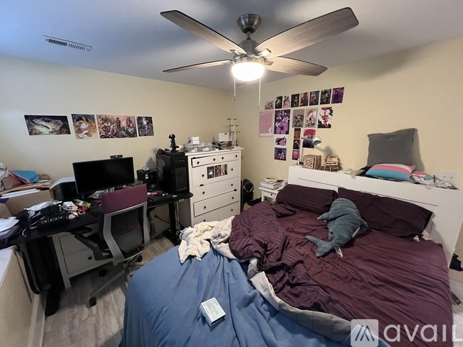 A bedroom with a bed, desk, and ceiling fan.