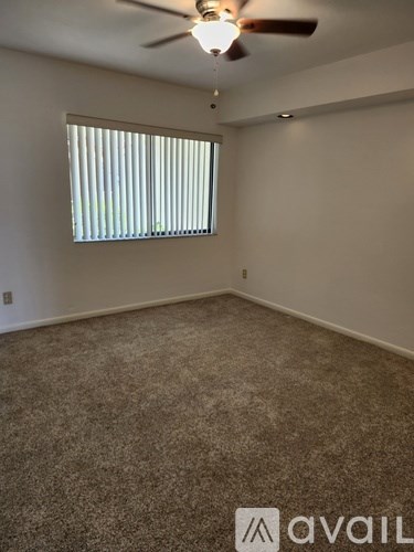 A room with a carpeted floor and a ceiling fan.