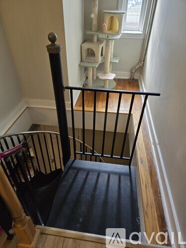 A cat tree is in the corner of a room.