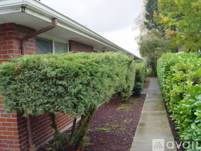 A brick house with a green bush in front of it.
