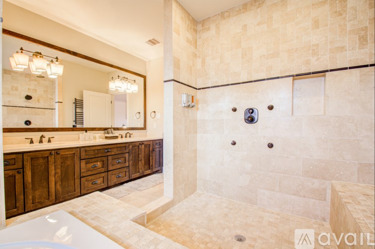 A bathroom with a walk in shower and a vanity.