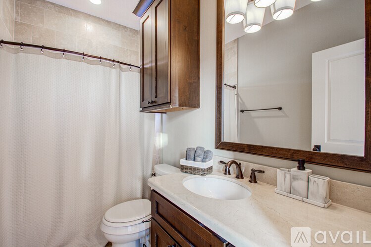 A bathroom with a white sink, toilet, and a shower curtain.