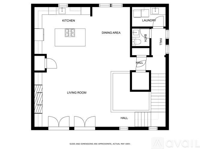 A floor plan of a house with labeled rooms such as kitchen, laundry, and dining area.