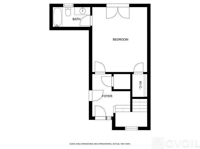 A floor plan of a bedroom with a bathroom and foyer.