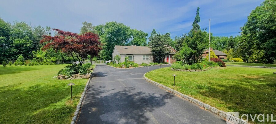 A residential street with houses on both sides and a clear sky.