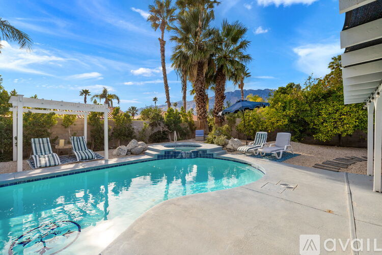 A pool surrounded by palm trees and lounge chairs.
