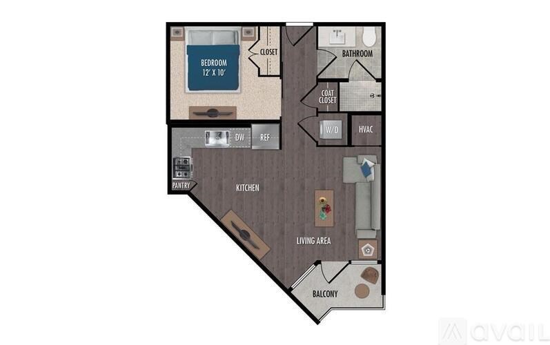 A floor plan of an apartment with a bedroom, bathroom, living area, kitchen, and balcony.