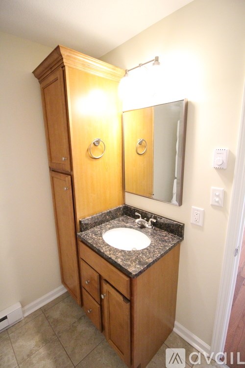 A bathroom with a sink and a wooden cabinet.