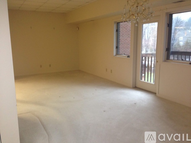A large empty room with a chandelier and two windows.